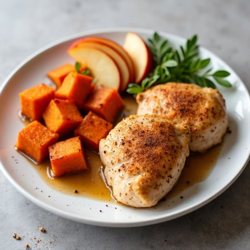 Baked Chicken Thighs with Roasted Sweet Potatoes and Cinnamon-Spiced Apples