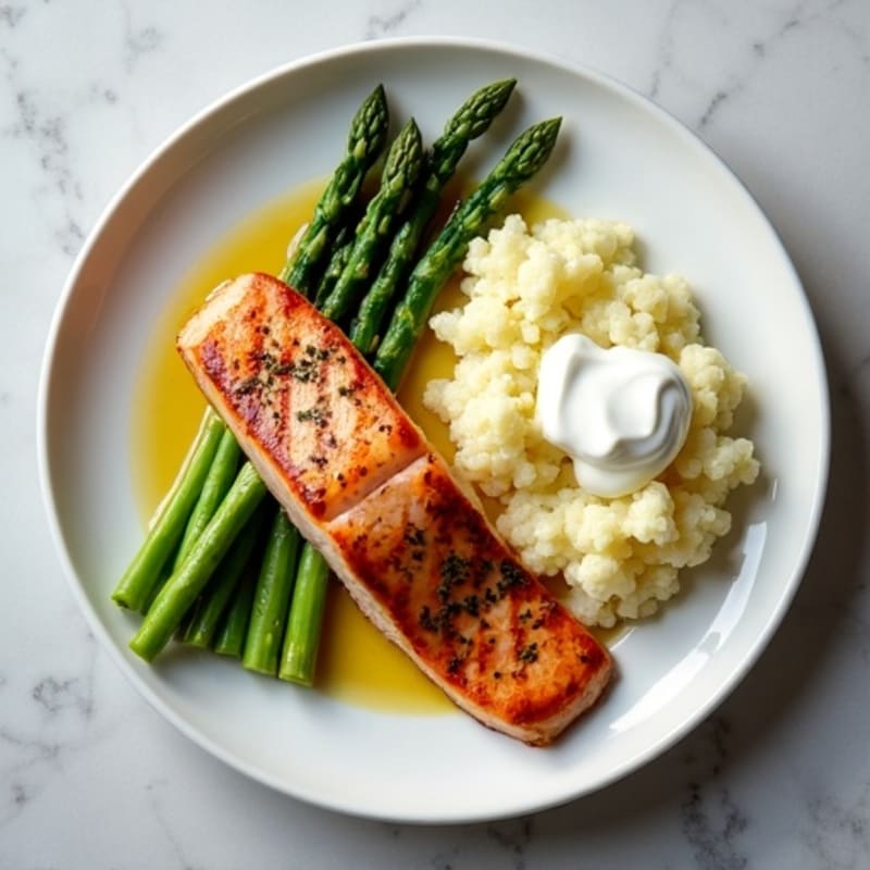 Seared Salmon with Steamed Asparagus and Garlic Cauliflower Mash