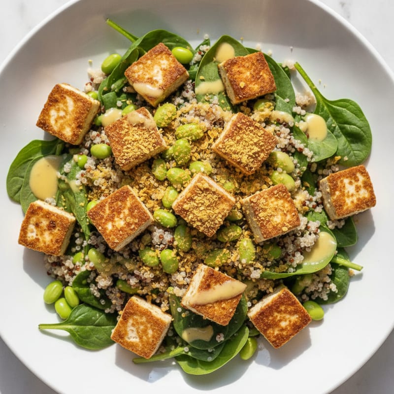 Crispy Tofu and Quinoa Power Salad with Edamame