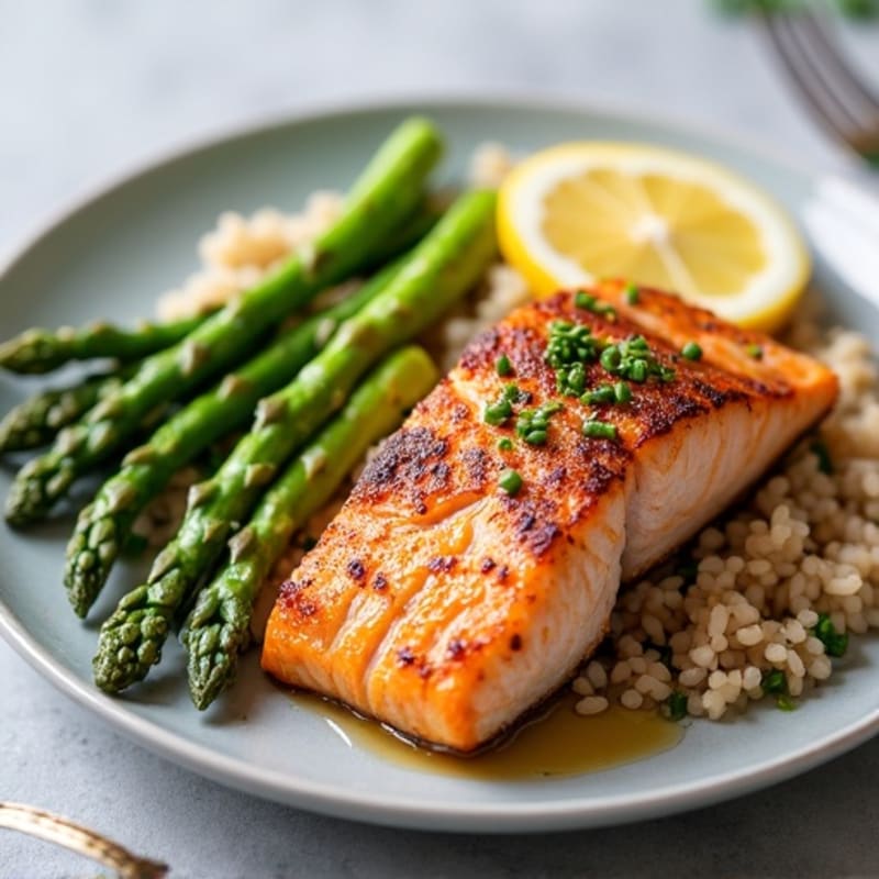Seared Salmon with Steamed Asparagus and Brown Rice