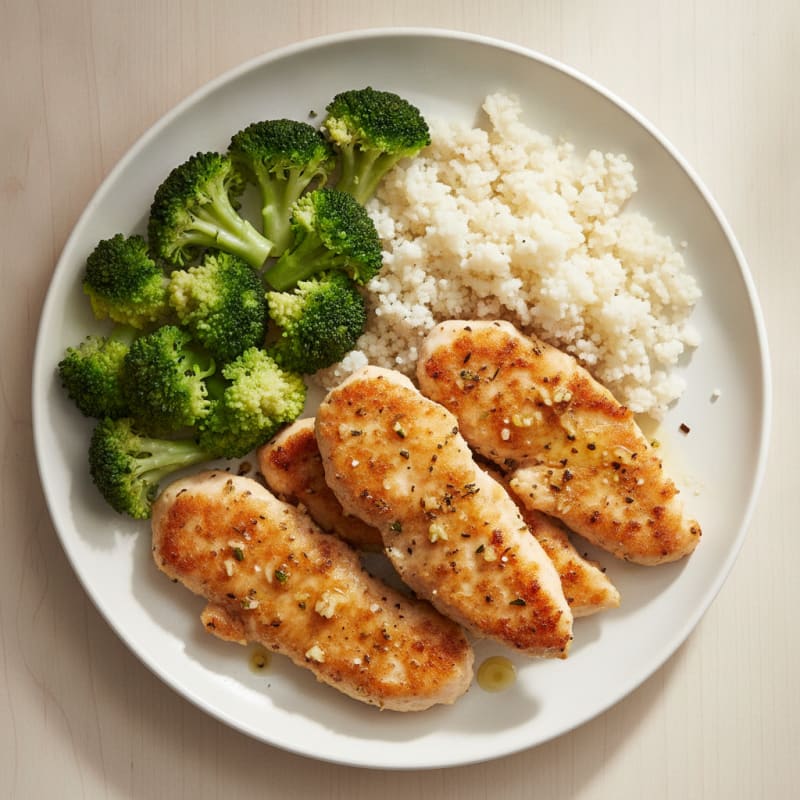 Seared Chicken Tenders with Steamed Broccoli and Cauliflower Rice
