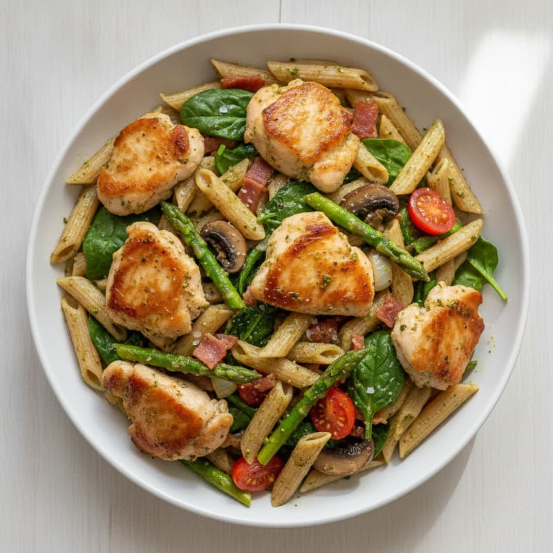 Pesto Chicken Thigh Pasta with Pancetta