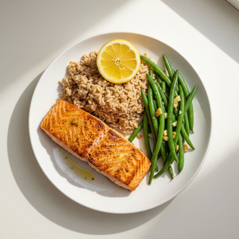 Seared Salmon with Garlic Green Beans and Brown Rice