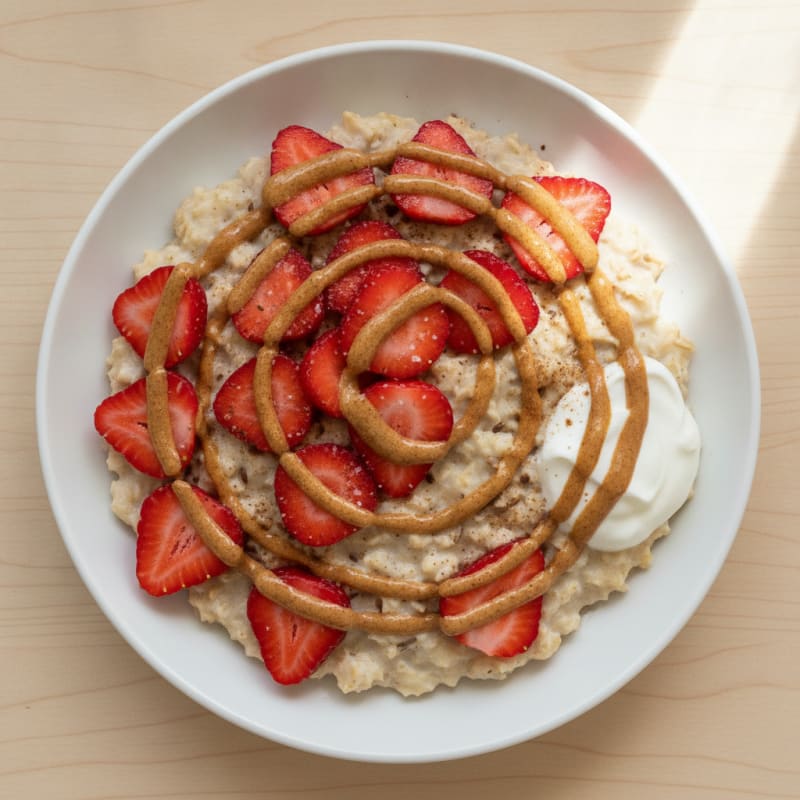 Strawberry Flax Oatmeal with Cinnamon Honey Drizzle