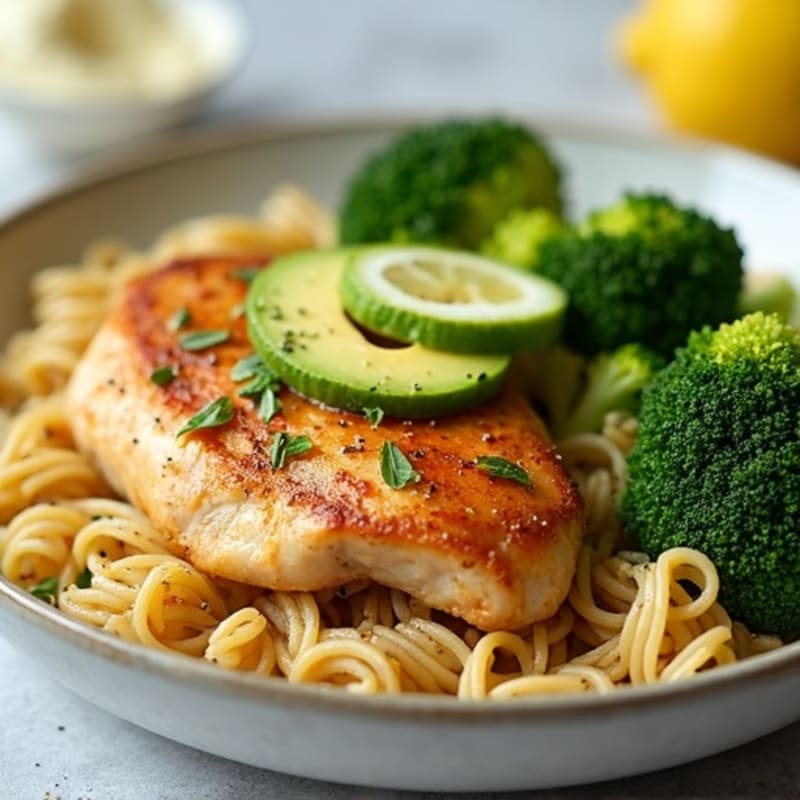 Pan-Seared Lemon-Garlic Chicken Thigh Pasta with Roasted Broccoli and Creamy Avocado