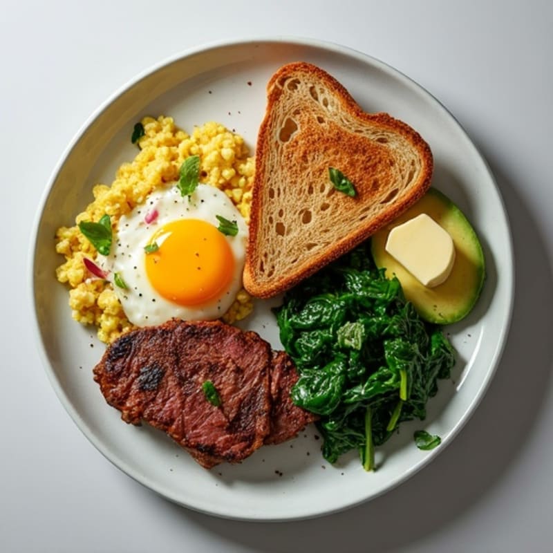 Seared Steak and Egg Scramble with Sautéed Spinach