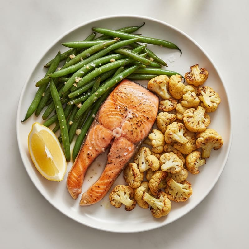 Seared Salmon Fillet with Garlic Green Beans and Roasted Cauliflower