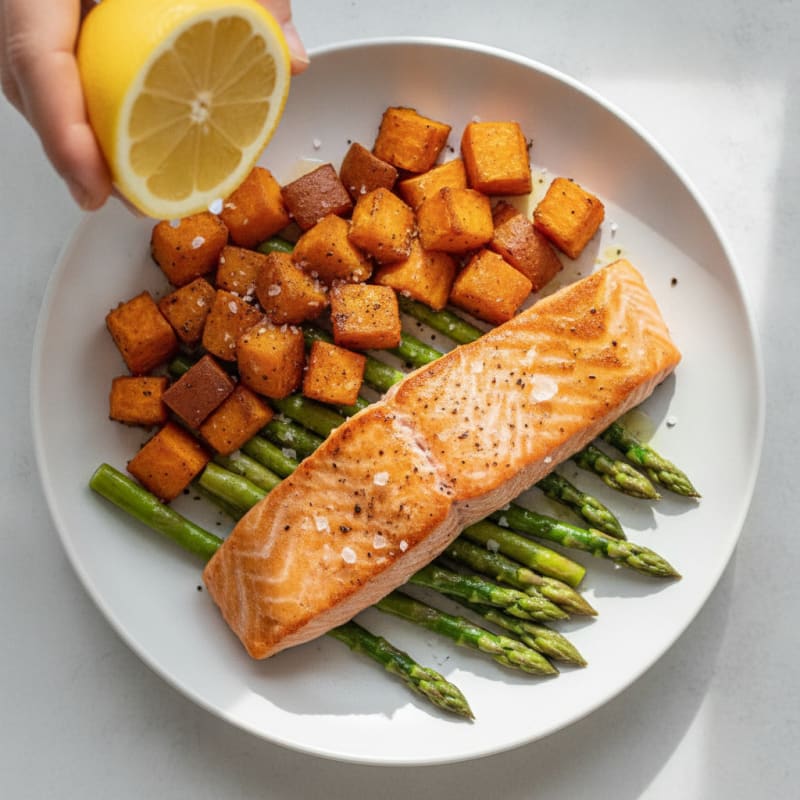 Seared Salmon with Roasted Sweet Potatoes and Asparagus