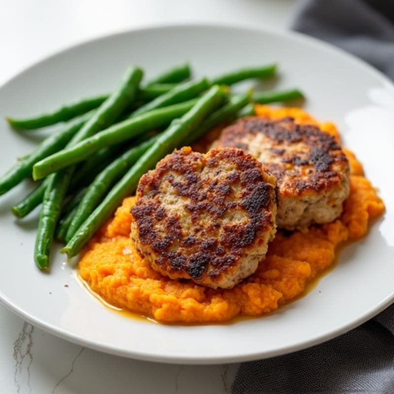 Seared Turkey Patties with Steamed Green Beans and Sweet Potato Mash