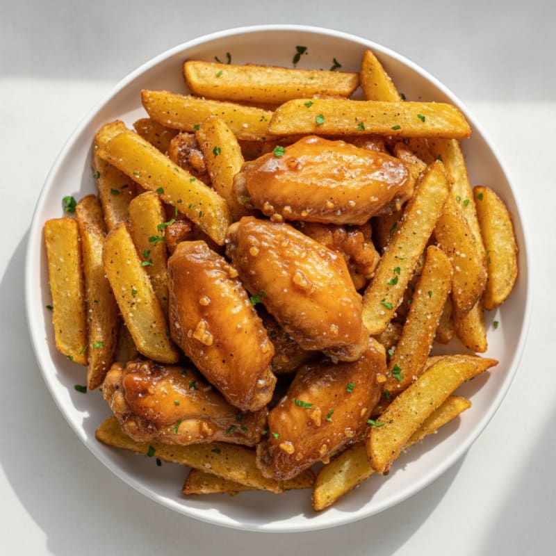 Honey-Garlic Chicken Wings with Garlic Fries