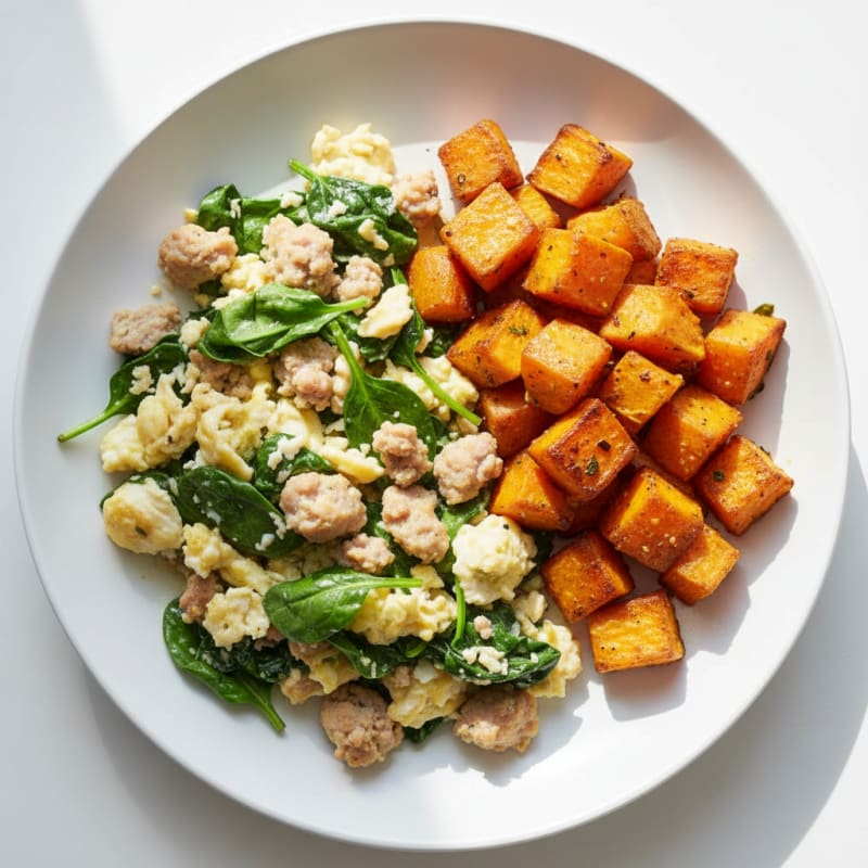 Egg White and Turkey Sausage Scramble with Spinach and Roasted Sweet Potatoes