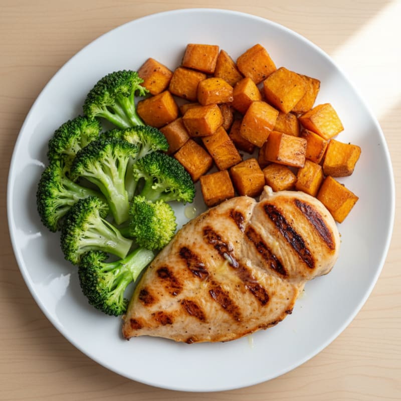 Grilled Chicken Breast with Roasted Sweet Potato and Steamed Broccoli