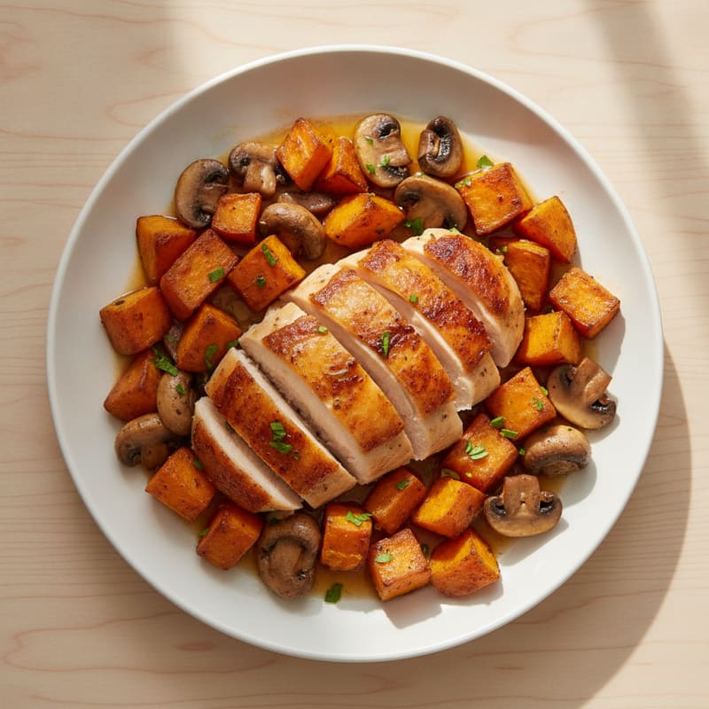 Roasted Chicken with Sweet Potatoes and Mushrooms