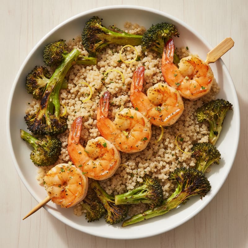 Grilled Lemon-Garlic Shrimp Bowl with Quinoa and Roasted Broccoli