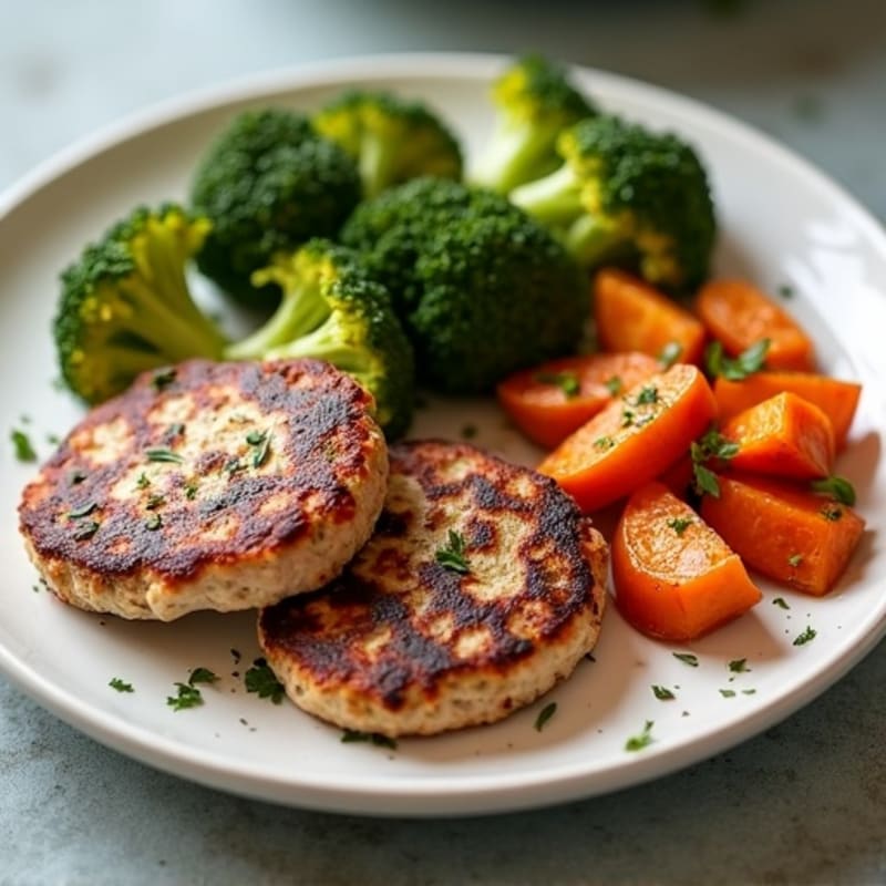 Seared Turkey Patties with Roasted Broccoli and Sweet Potato