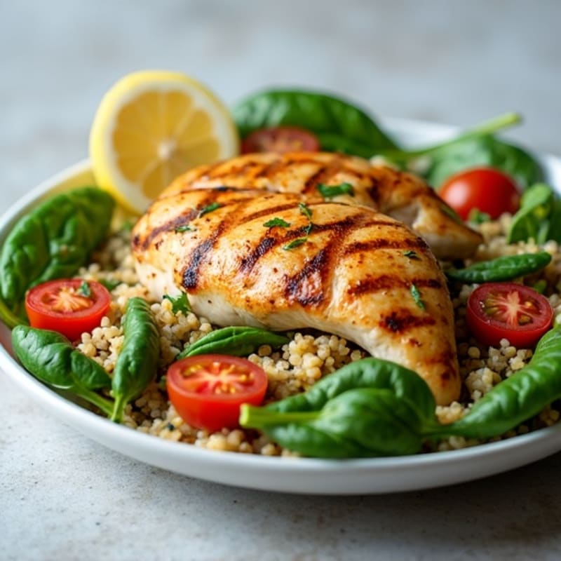 Grilled Chicken and Quinoa Salad with Spinach and Cherry Tomatoes