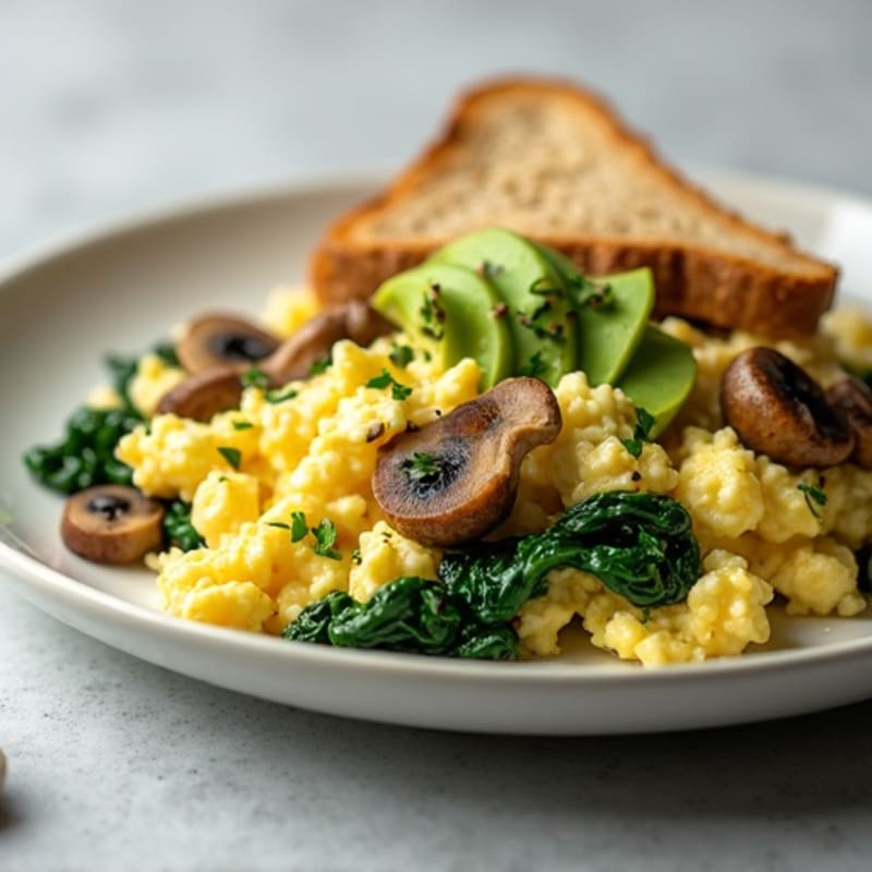 Cottage Cheese Scramble with Spinach and Sautéed Mushrooms