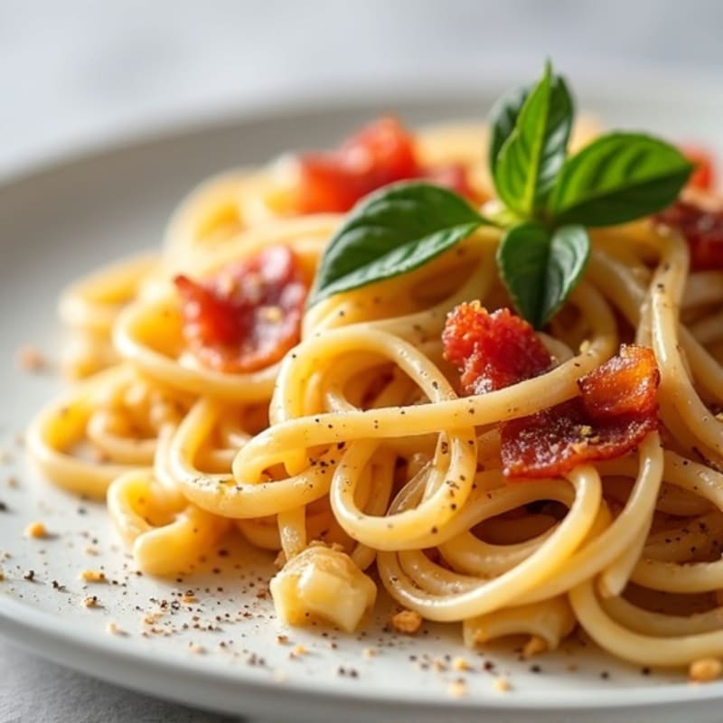 Creamy Whole Wheat Pasta with Lean Turkey Bacon and Peppery Egg Sauce