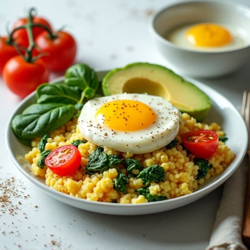 Egg White Spinach Scramble with Cottage Cheese and Cherry Tomatoes
