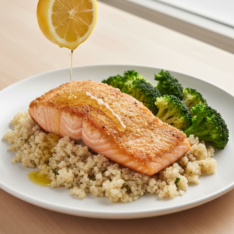 Seared Salmon with Quinoa and Steamed Broccoli