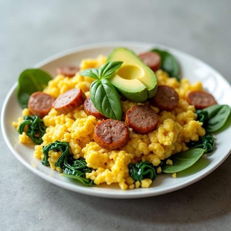 Egg White Scramble with Turkey Sausage and Sautéed Spinach