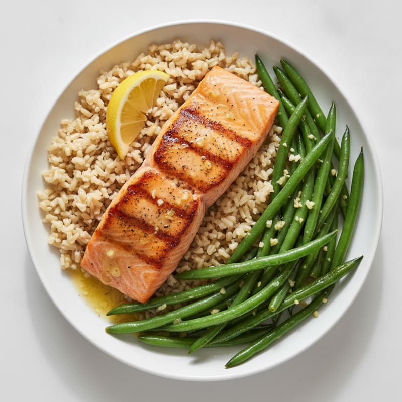 Seared Salmon Fillet with Garlic Green Beans and Brown Rice