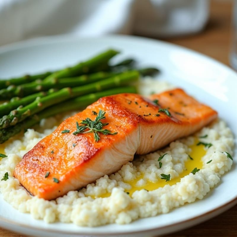 Seared Salmon with Steamed Asparagus and Cauliflower Mash