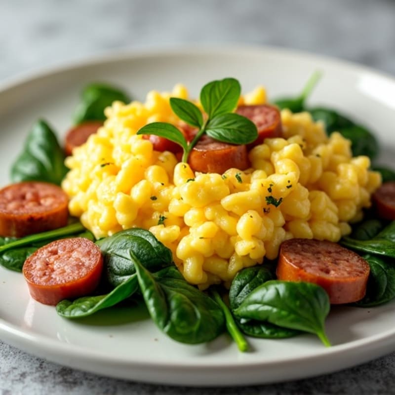 Fluffy Scrambled Eggs with Fresh Spinach and Lean Turkey Sausage