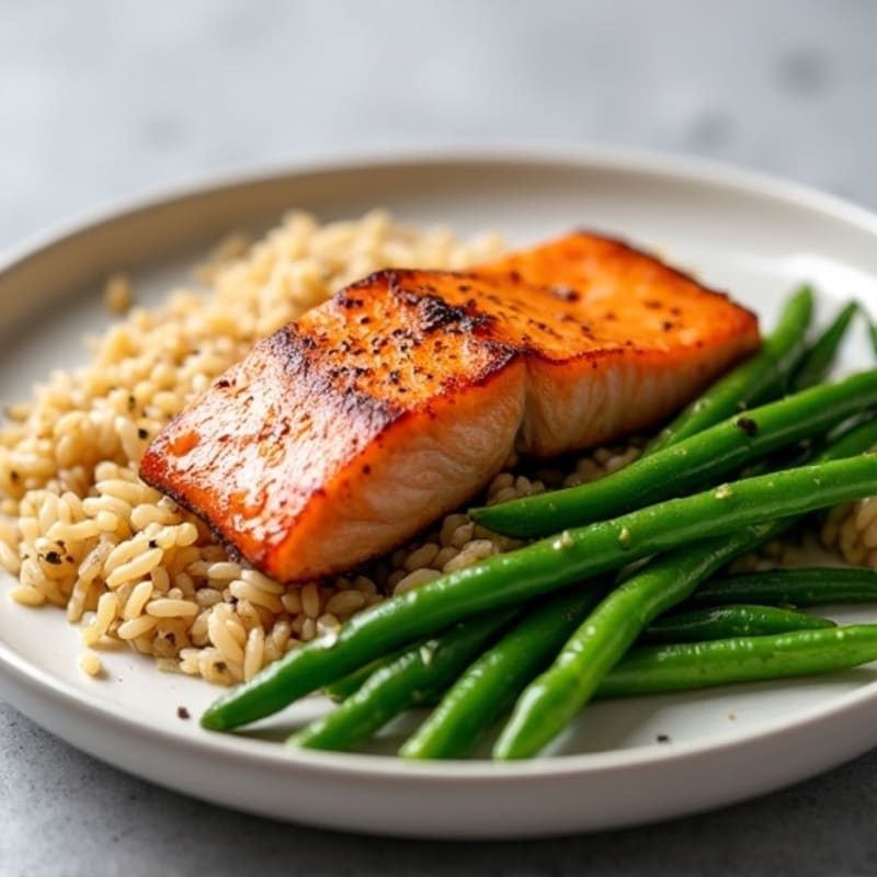 Seared Salmon with Steamed Green Beans and Brown Rice