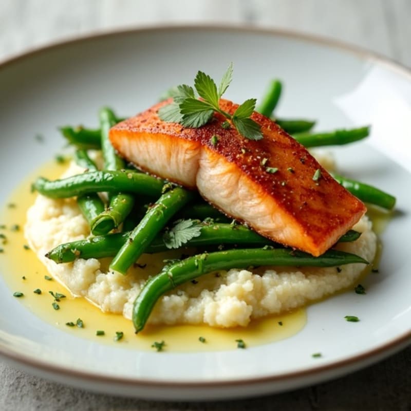 Seared Salmon with Garlic Green Beans and Cauliflower Mash