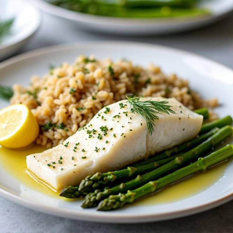 Baked White Fish with Herbed Brown Rice and Steamed Asparagus