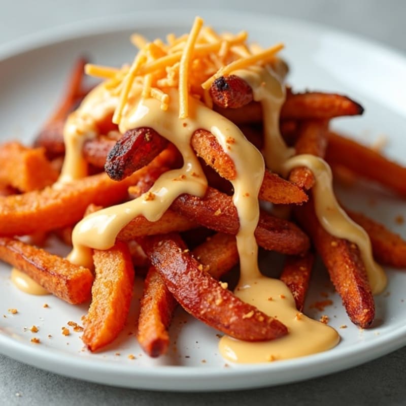 Crispy Sweet Potato Fries with Smoky Turkey Bacon and Creamy Cheesy Drizzle