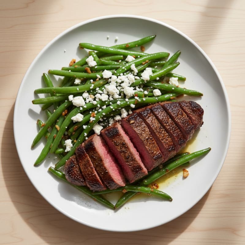 Seared Sirloin Steak with Garlic Green Beans and Feta