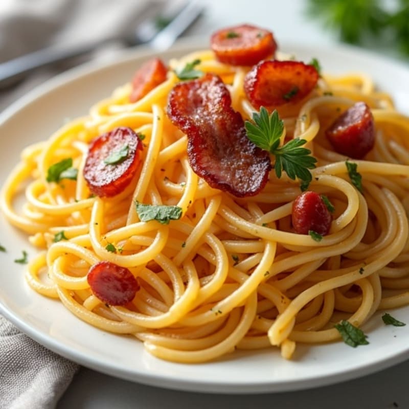 Crispy Turkey Bacon and Whole Wheat Spaghetti with Creamy Egg Yolk Sauce