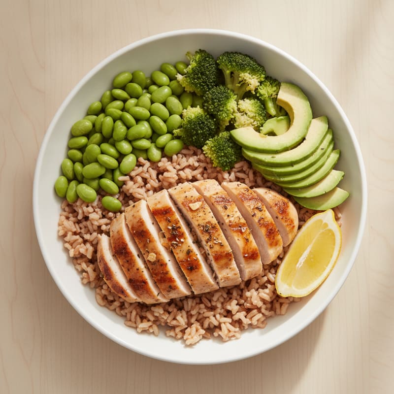 Grilled Chicken Breast with Brown Rice and Edamame Protein Bowl