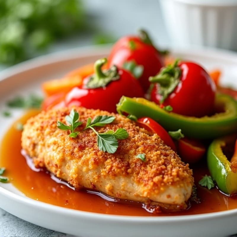 Crispy Baked Sweet and Sour Chicken with Roasted Bell Peppers