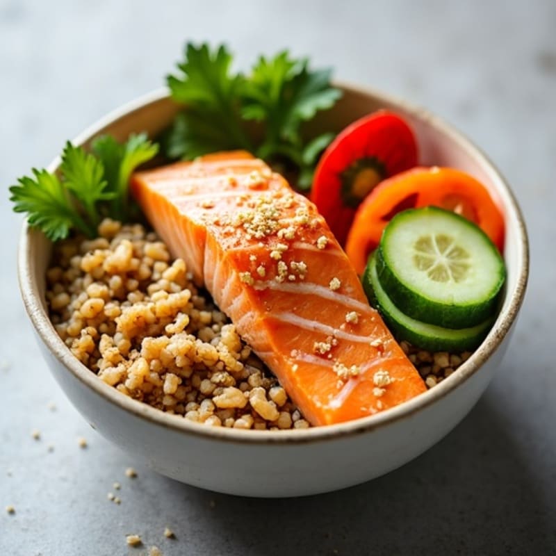 Fresh Salmon Brown Rice Bowl with Crunchy Vegetables and Sesame-Ginger Dressing