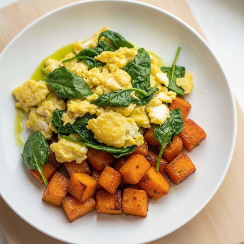 Scrambled Eggs with Spinach and Roasted Sweet Potato