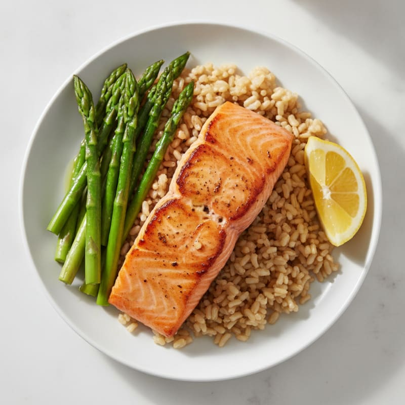 Seared Salmon with Steamed Asparagus and Brown Rice