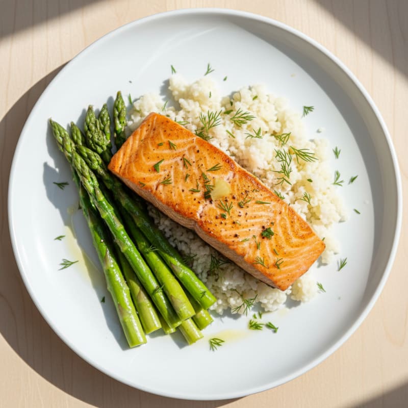 Seared Salmon with Steamed Asparagus and Cauliflower Rice