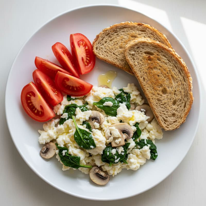 Spinach and Mushroom Egg White Scramble with Sliced Tomatoes