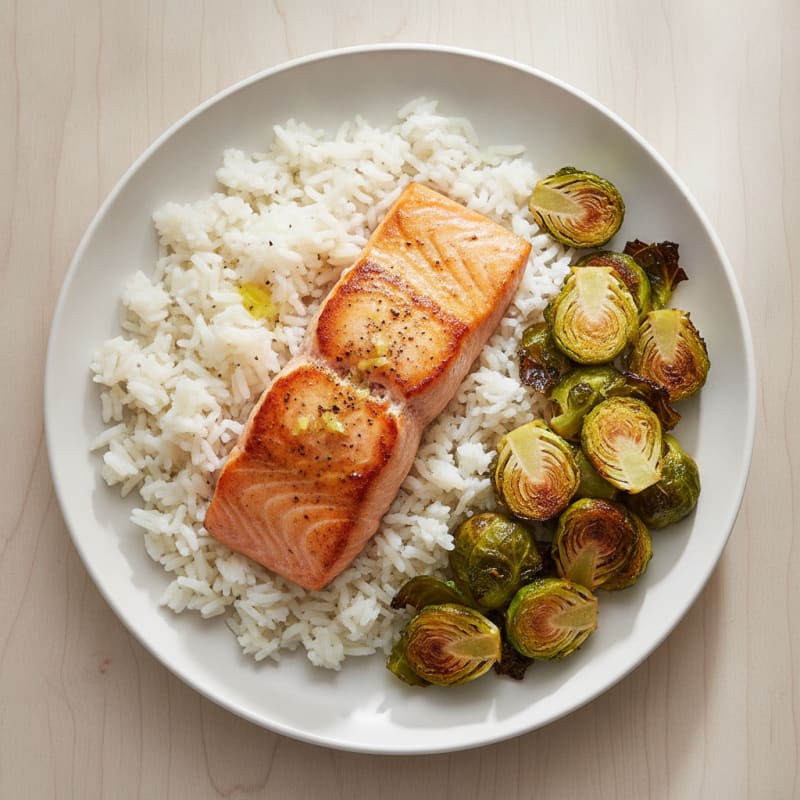 Seared Salmon with Jasmine Rice and Roasted Brussels Sprouts