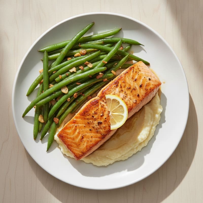 Seared Salmon with Garlic Green Beans and Cauliflower Mash