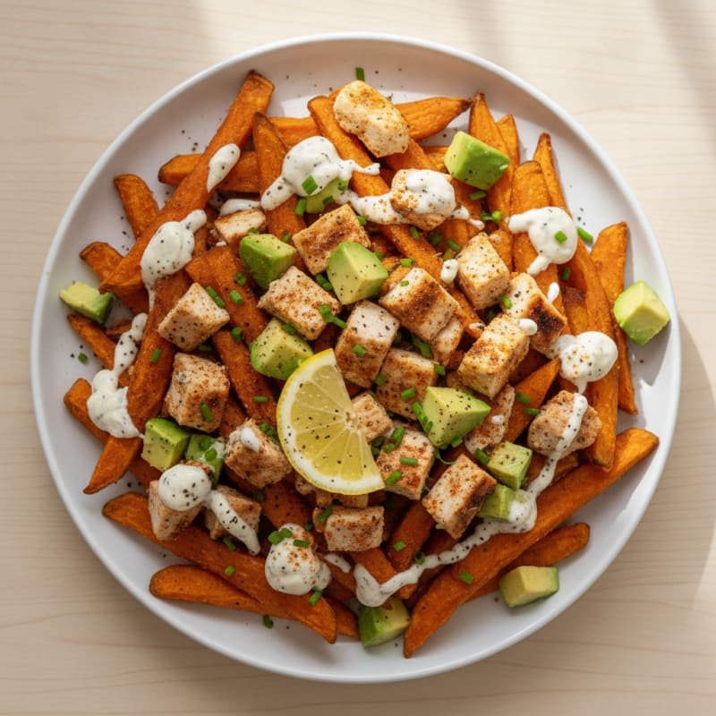Loaded Sweet Potato Fries with Garlic Aioli