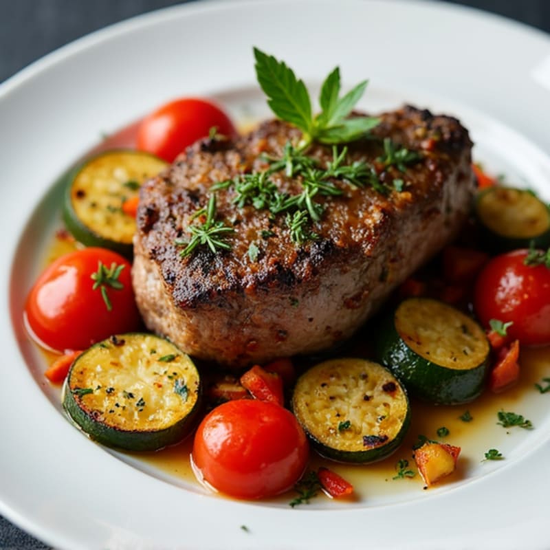 Herb-Crusted Skillet Lamb with Roasted Mediterranean Vegetables