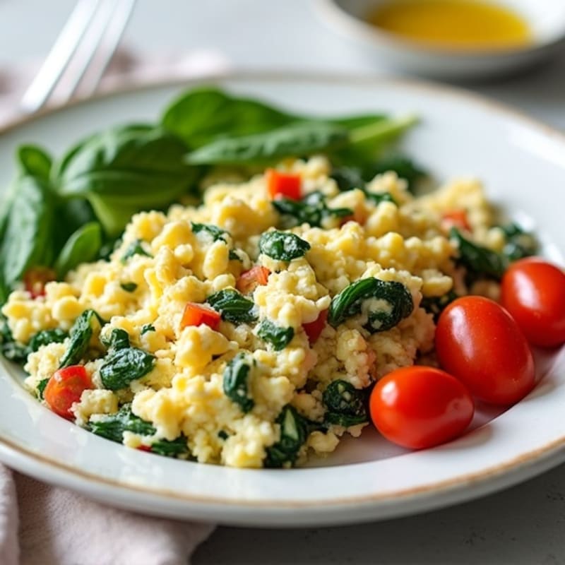 Egg White and Spinach Scramble with Cottage Cheese and Cherry Tomatoes