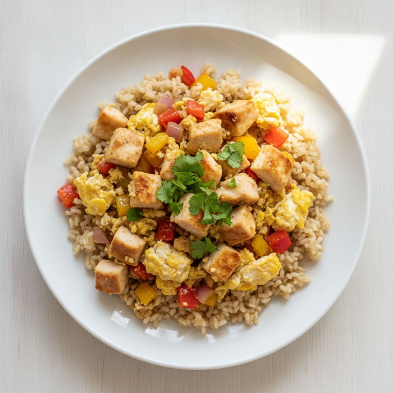 Egg and Chicken Veggie Scramble with Brown Rice