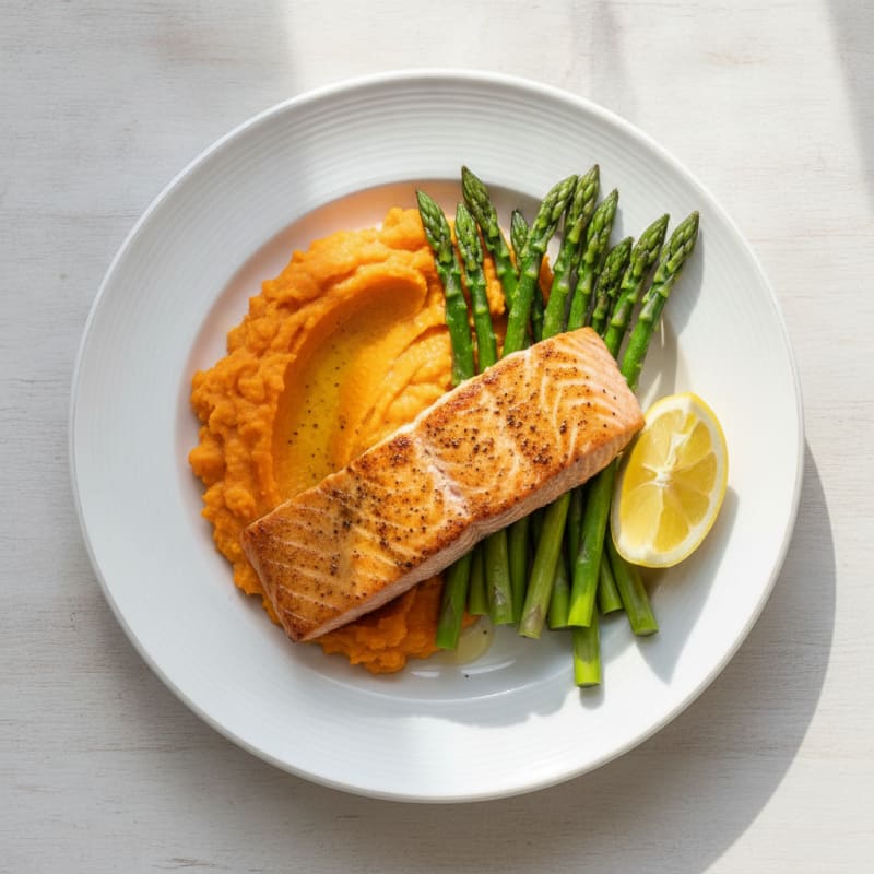 Seared Salmon with Steamed Asparagus and Sweet Potato Mash