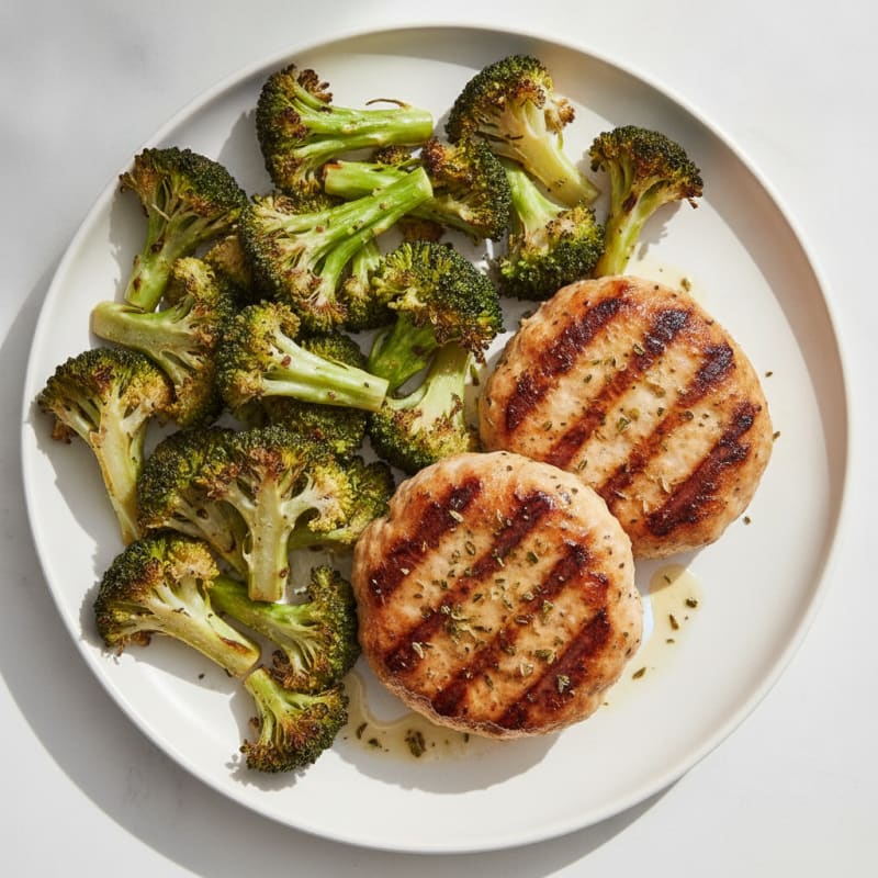 Grilled Ground Chicken Patties with Roasted Broccoli