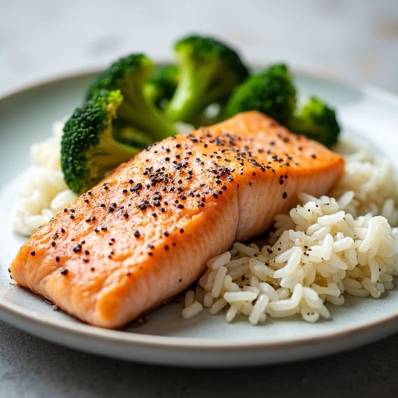 Pan-Seared Salmon with Steamed Rice and Sautéed Broccoli